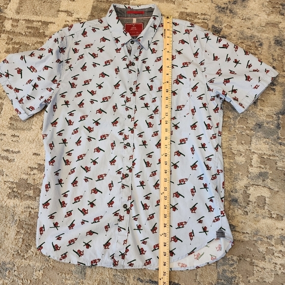 MBX skiing santa short sleeve button down shirt. Blue/Red. - Picture 15 of 16